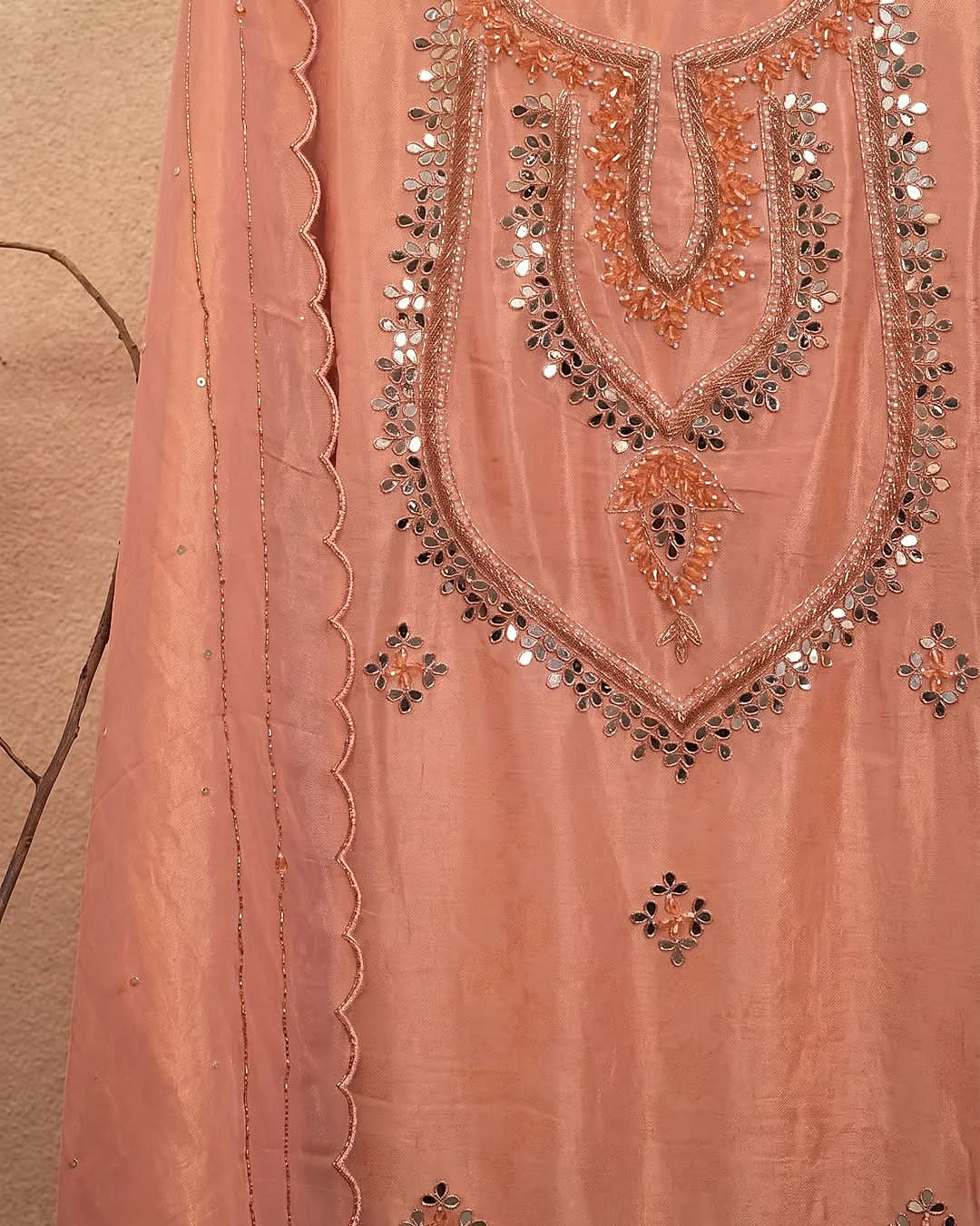 Peach Layered Reflective Neckline Suit Design