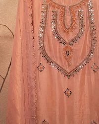 Peach Layered Reflective Neckline Suit Design