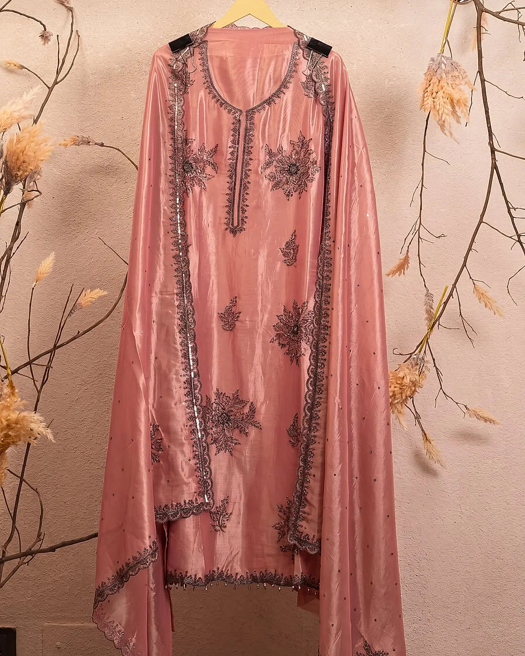 Rose Pink Dark Floral Motif Suit Design