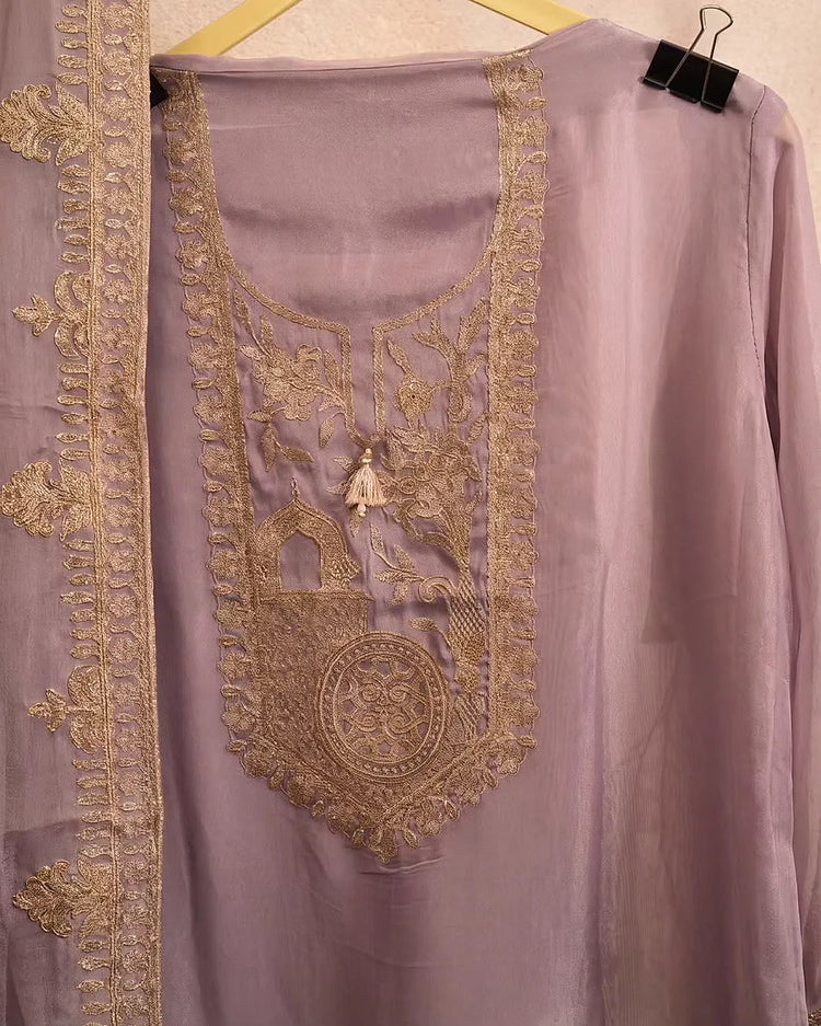 Lavender Gold Floral Neckline Suit Design