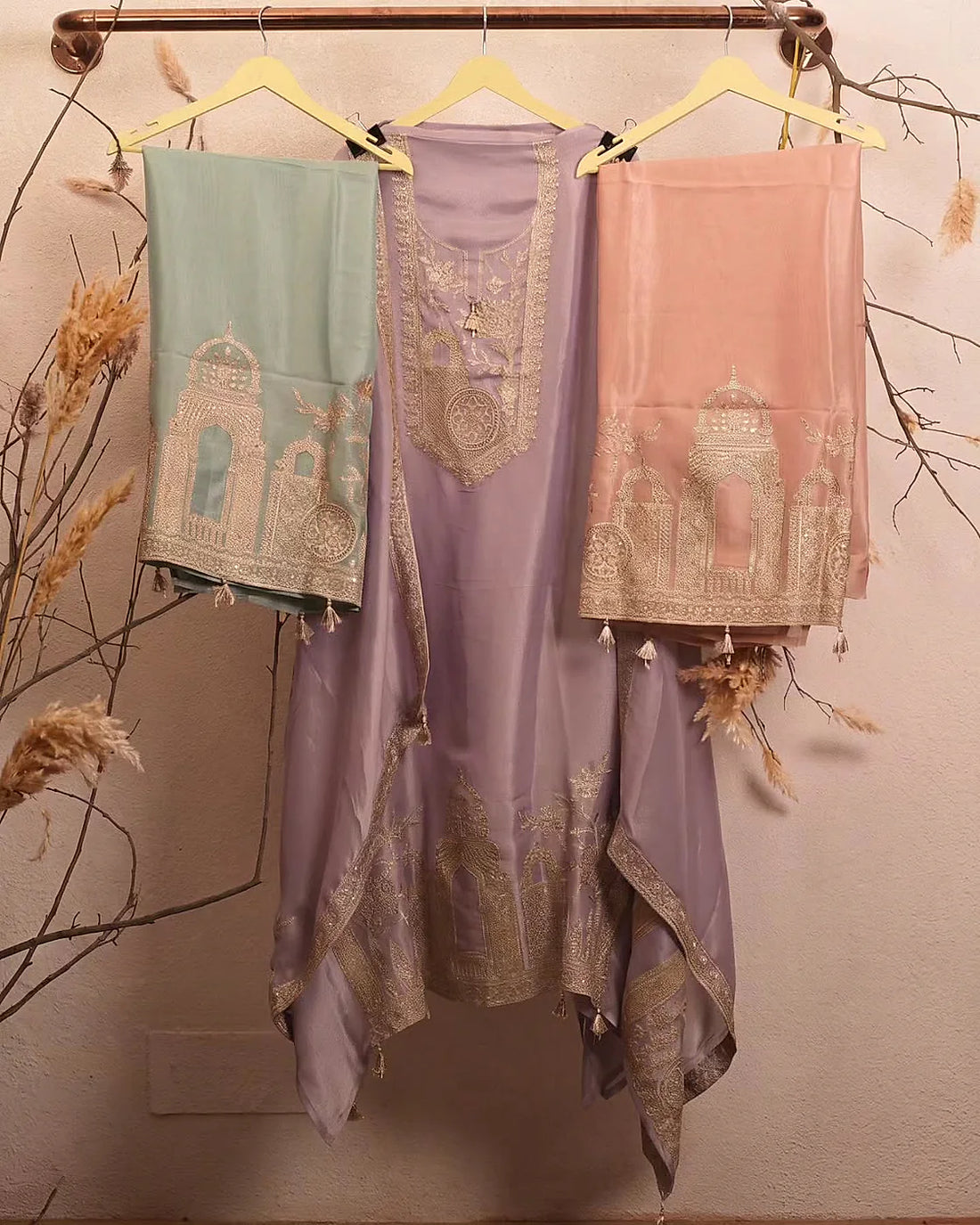 Lavender Gold Floral Neckline Suit Design