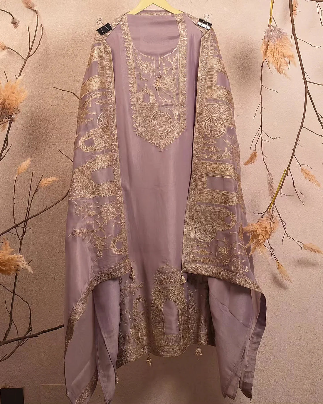Lavender Gold Floral Neckline Suit Design