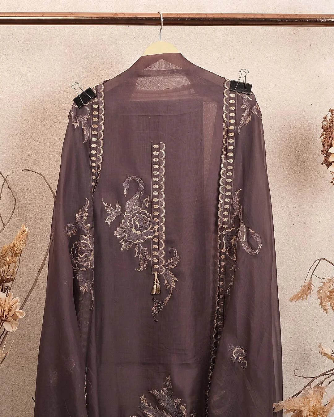 Plum Pale Floral Border Suit Design