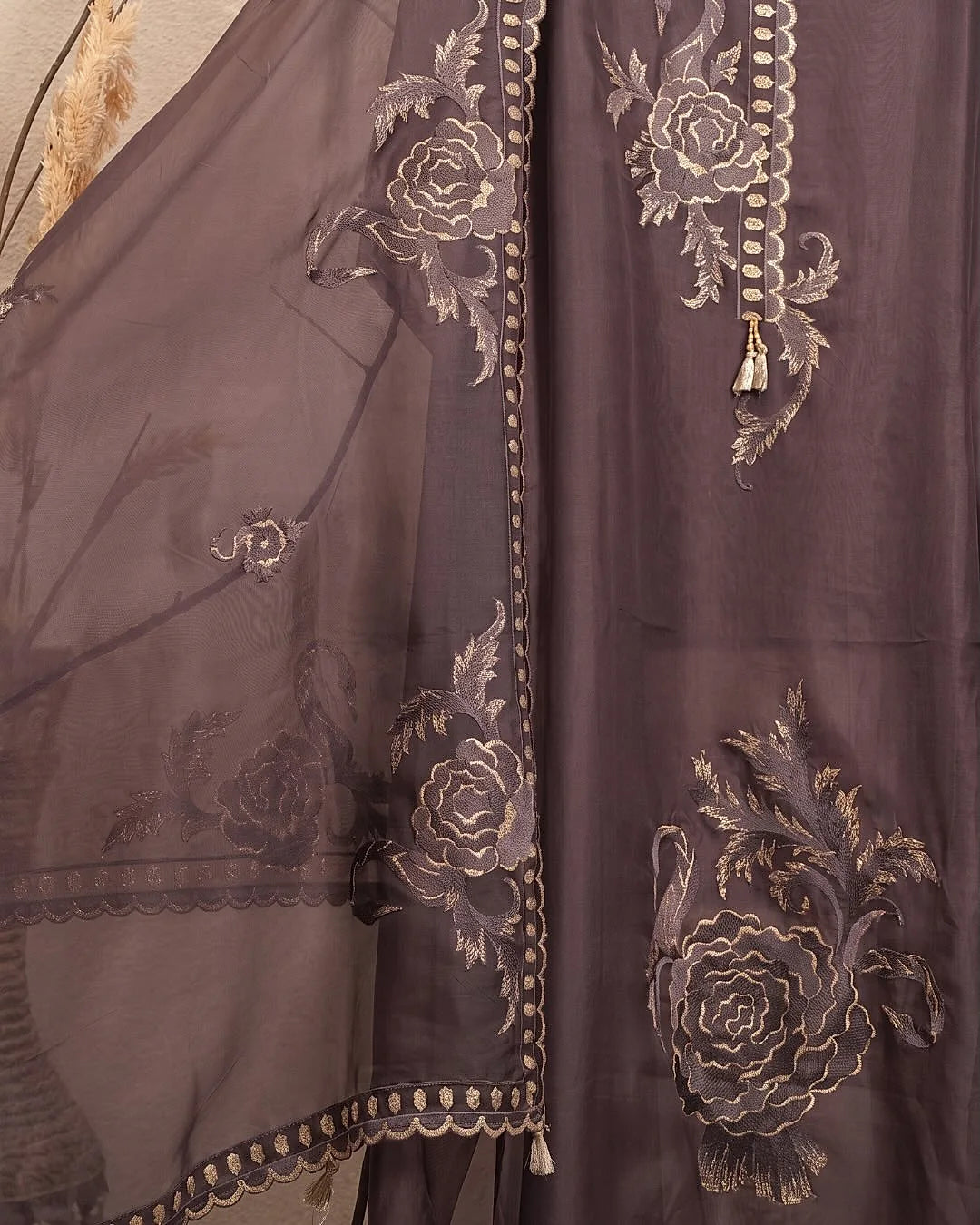 Plum Pale Floral Border Suit Design