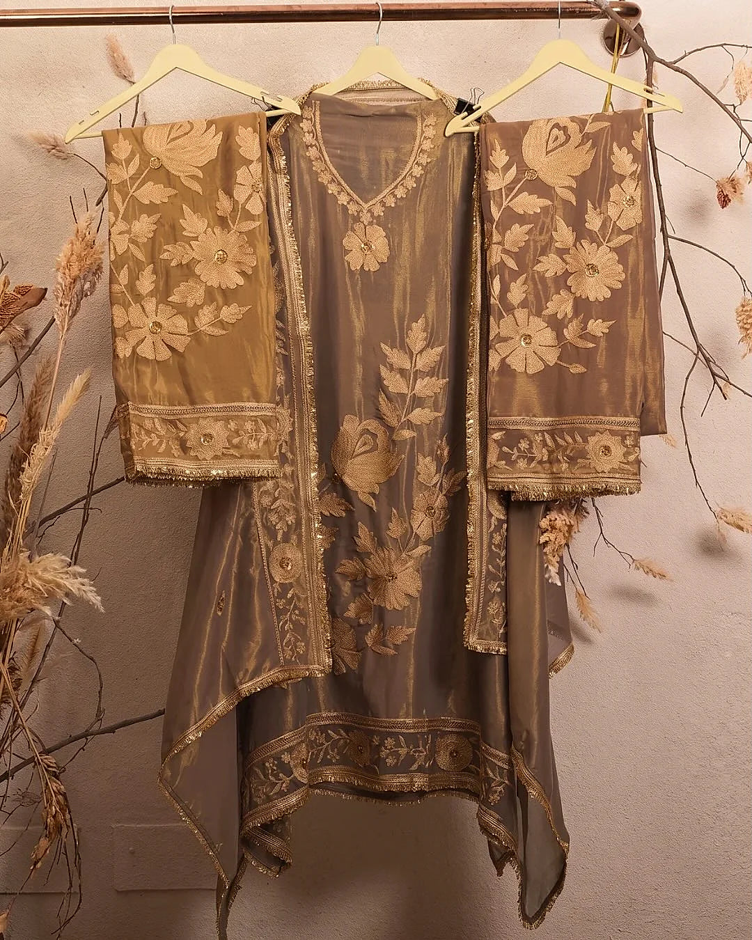 Taupe Gold Botanical Border Suit Design