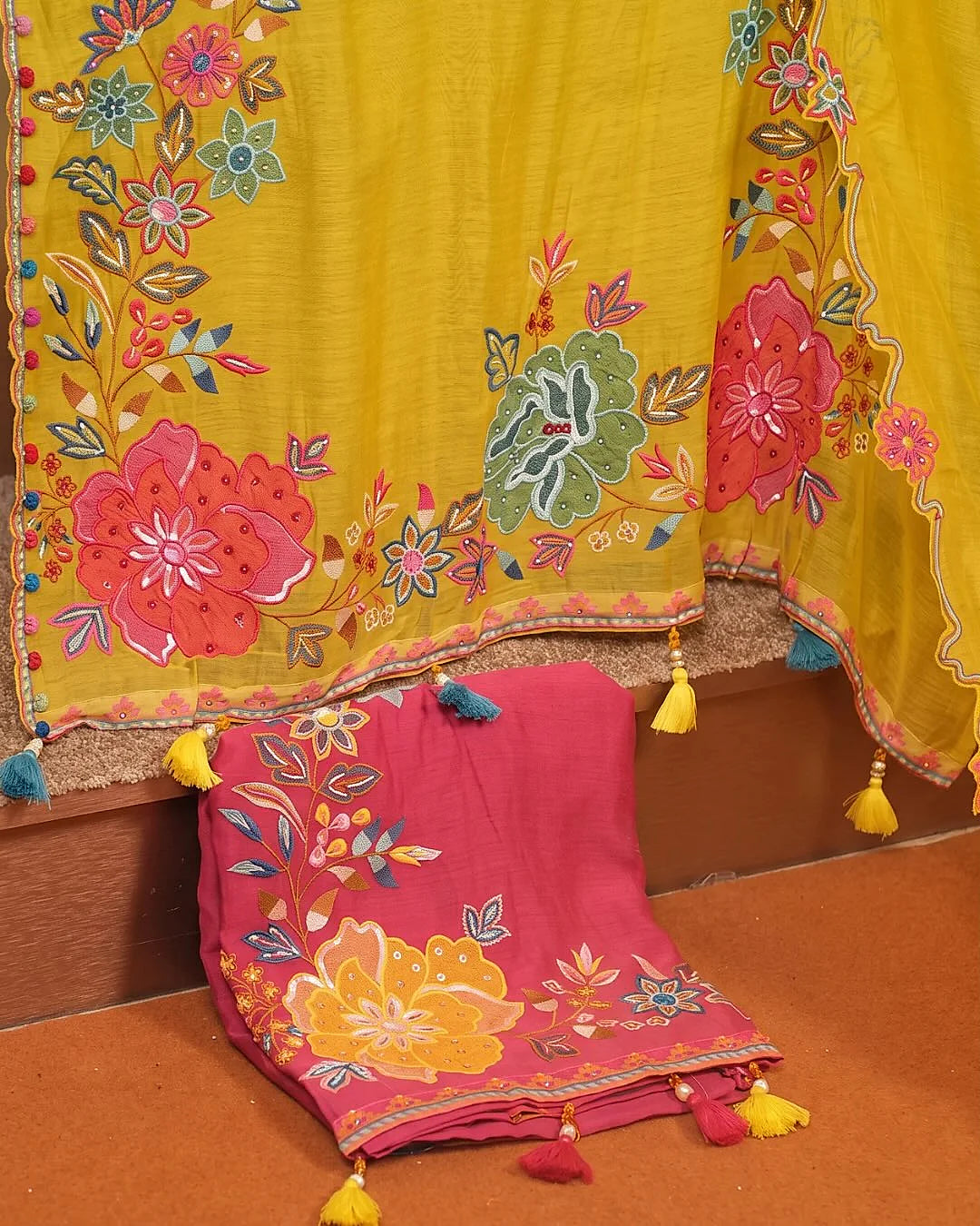Yellow Multicolour Floral Neckline Suit Design