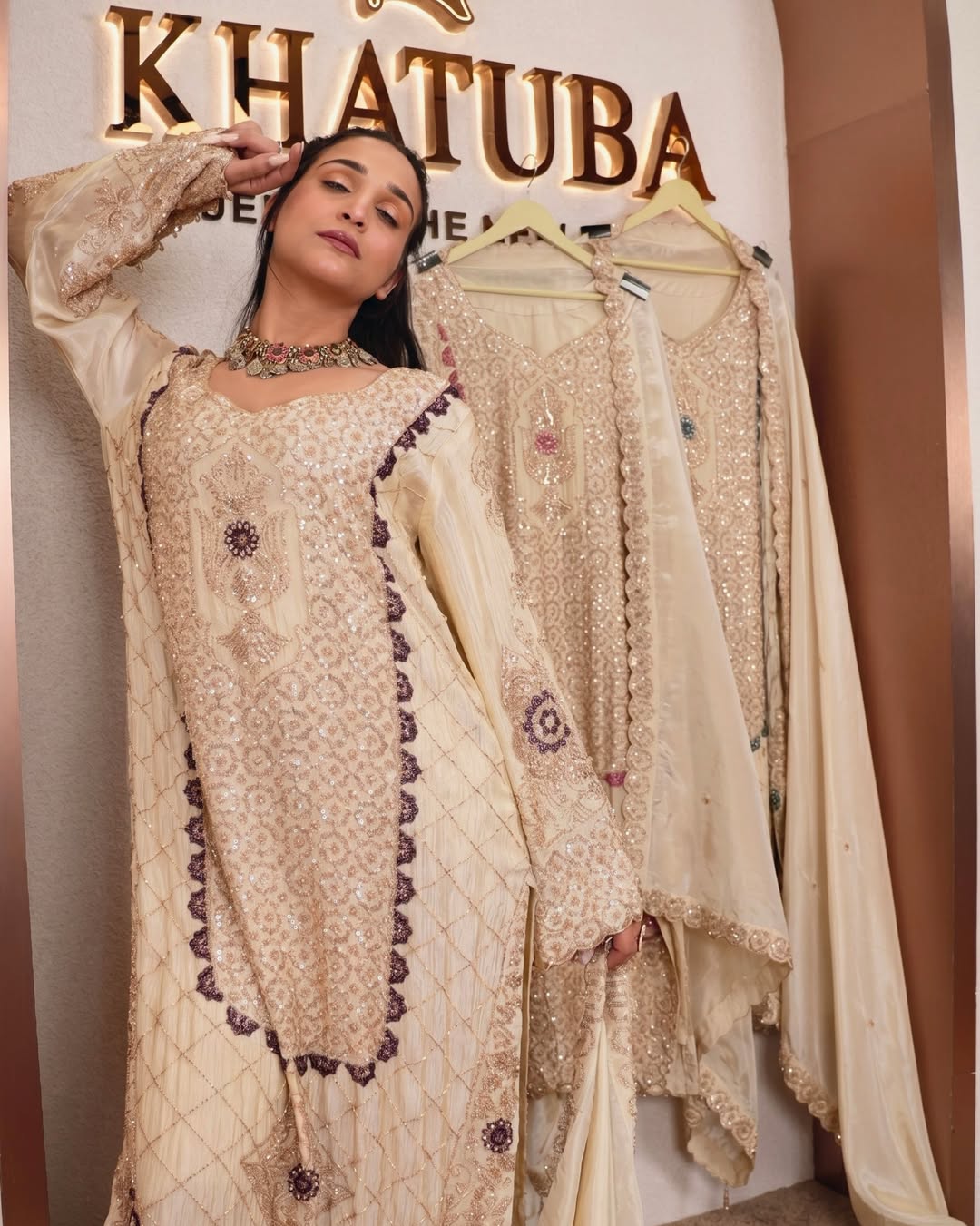 Ivory and Plum Embellished Suit